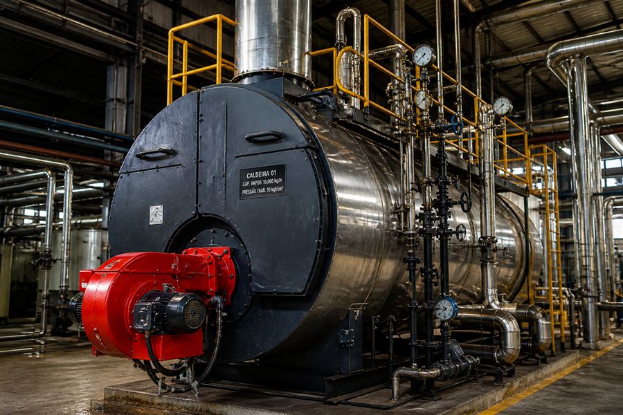 Caldeira industrial de geração de vapor com queimador