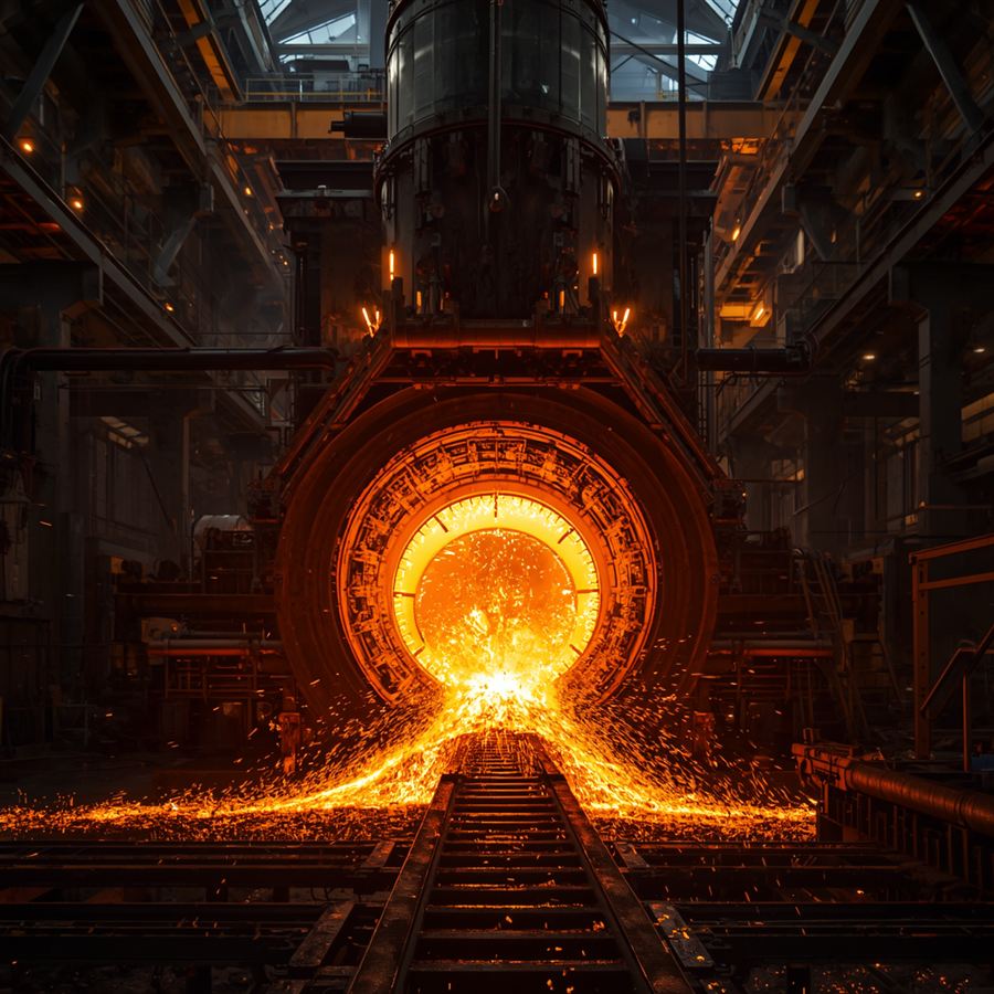 Forno de fundição vertendo metal incandescente