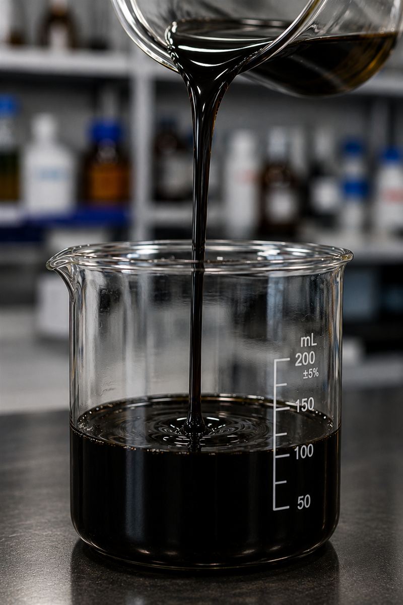 Óleo BPF sendo despejado em béquer de laboratório, mostrando sua alta viscosidade