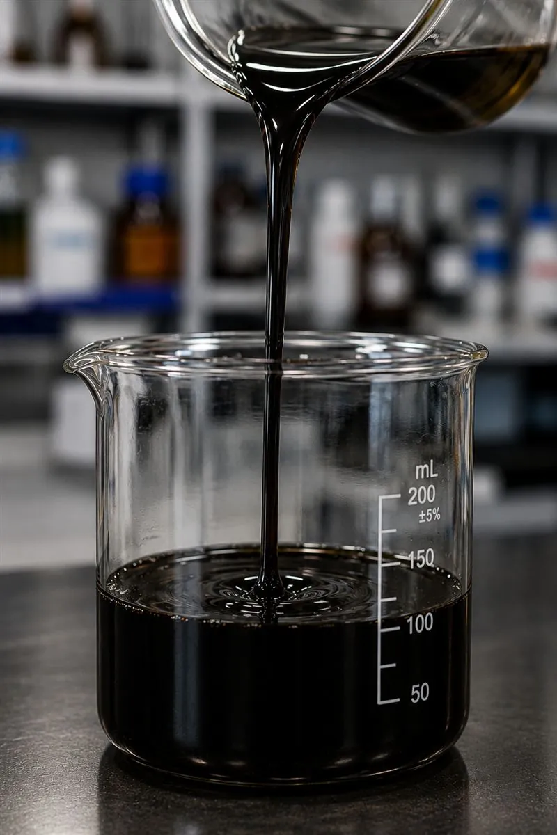 Óleo BPF sendo despejado em béquer de laboratório, mostrando sua alta viscosidade