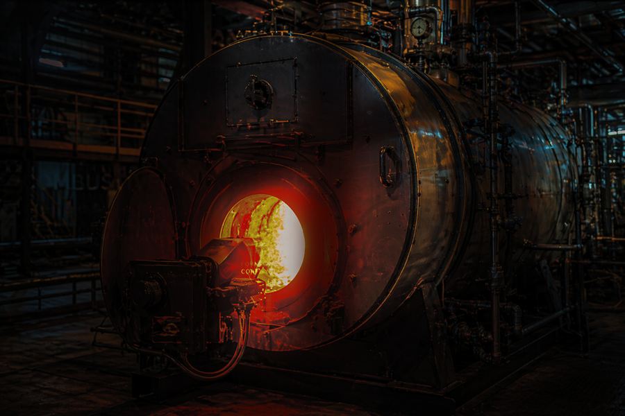Queimador industrial em operação com chama estável